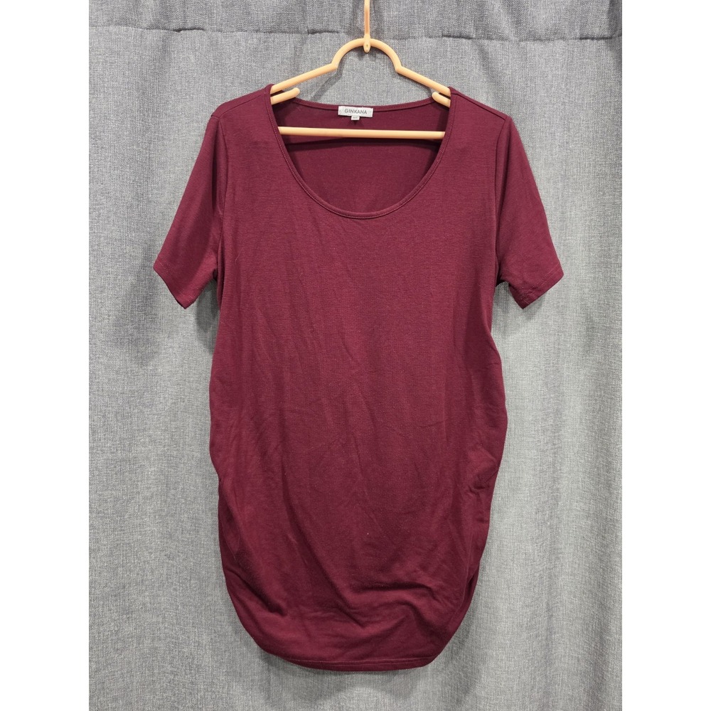 GINKANA Maternity Top XL Burgundy Wine Short Sleeve Ruched Side Scoop Neck